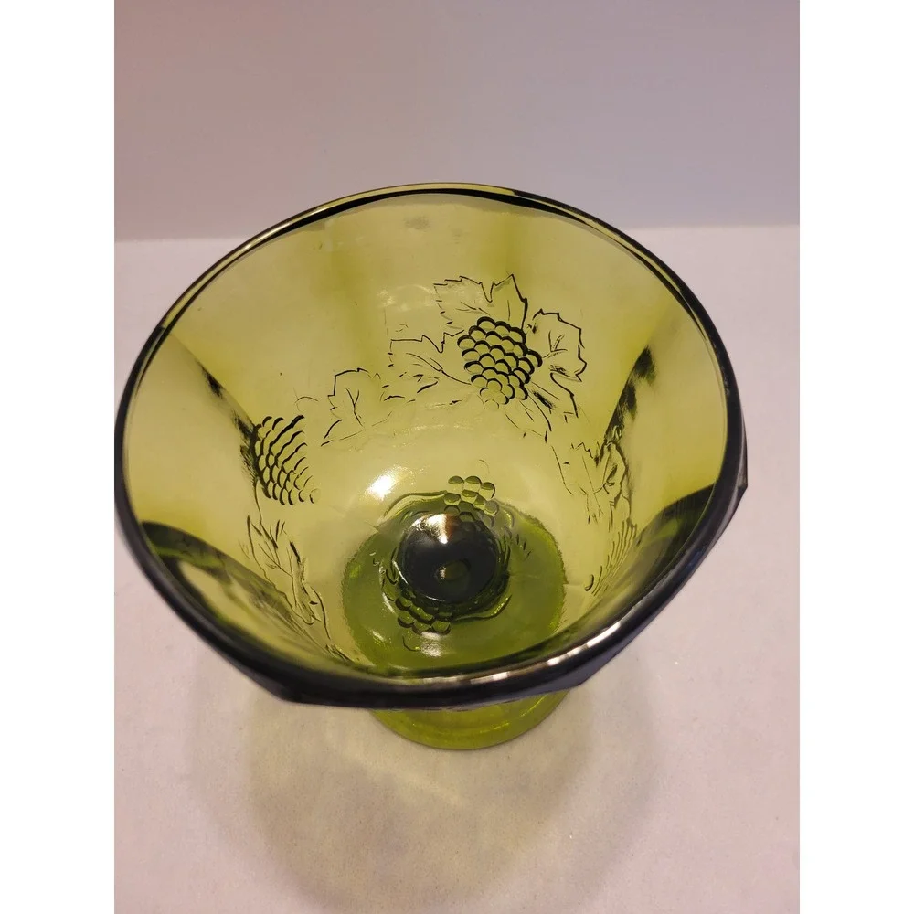 Vtg Glass Compote‎ Bowl Olive Green Harvest Grape Embossed Pedestal Dish